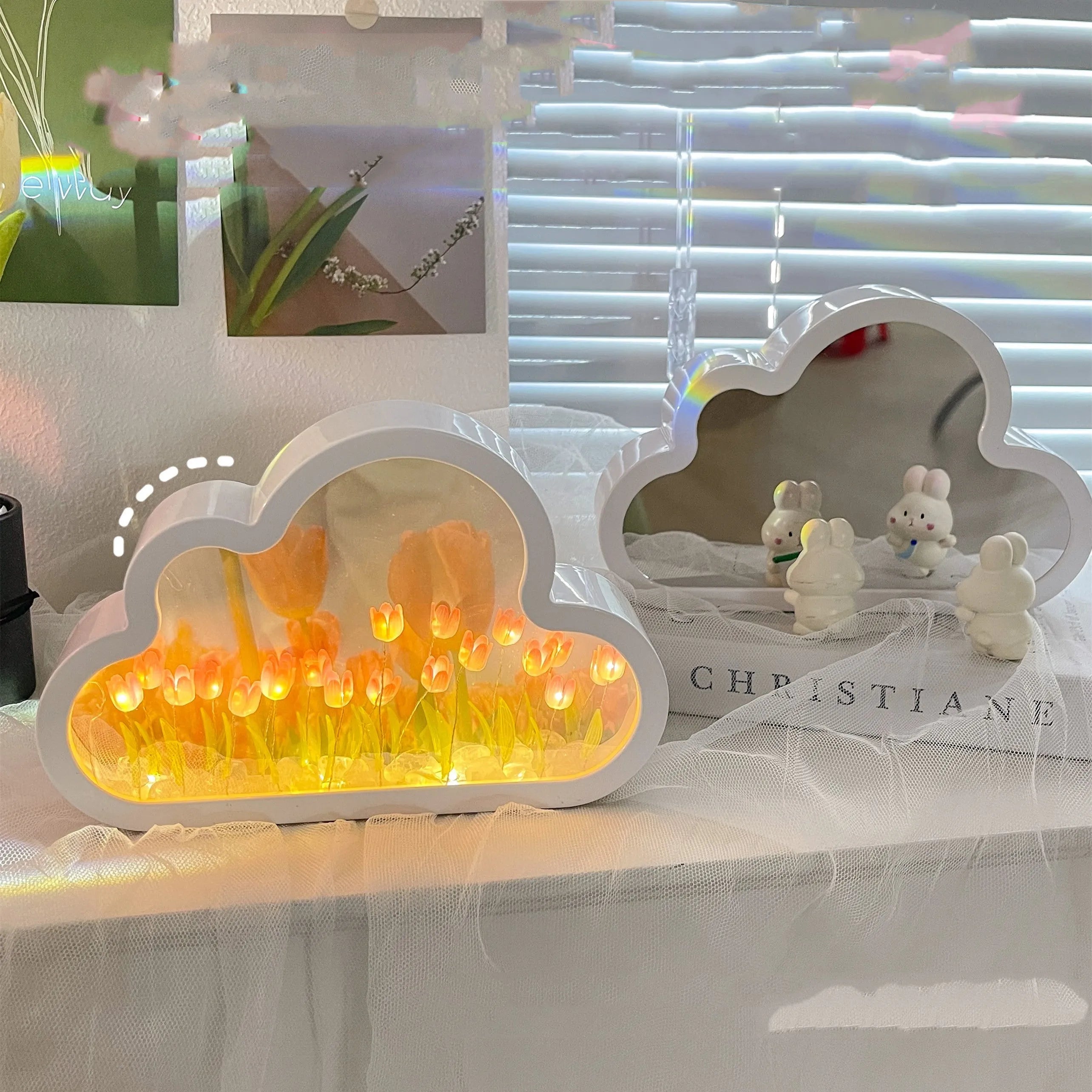 DIY tulip night lamp with decorative mirror and LED lighting in multiple colour options