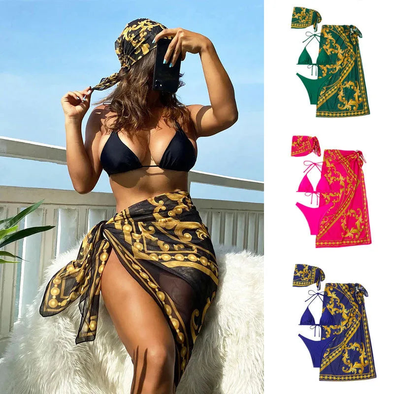 Vintage print lace-up bikini three-piece swimsuit in blue, rose red and pictured colour options