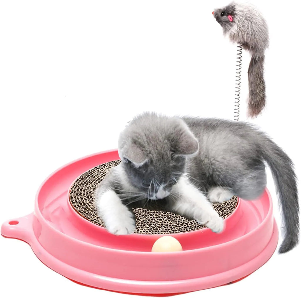 Blue cat scratcher toy with circular ball track and replaceable scratch pad