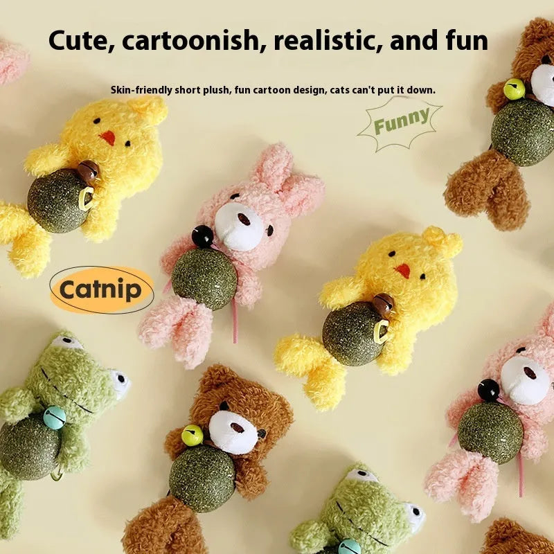 Plush catnip ball toy shaped as a character, measuring 15cm tall, with a bell and a 4cm catnip ball.