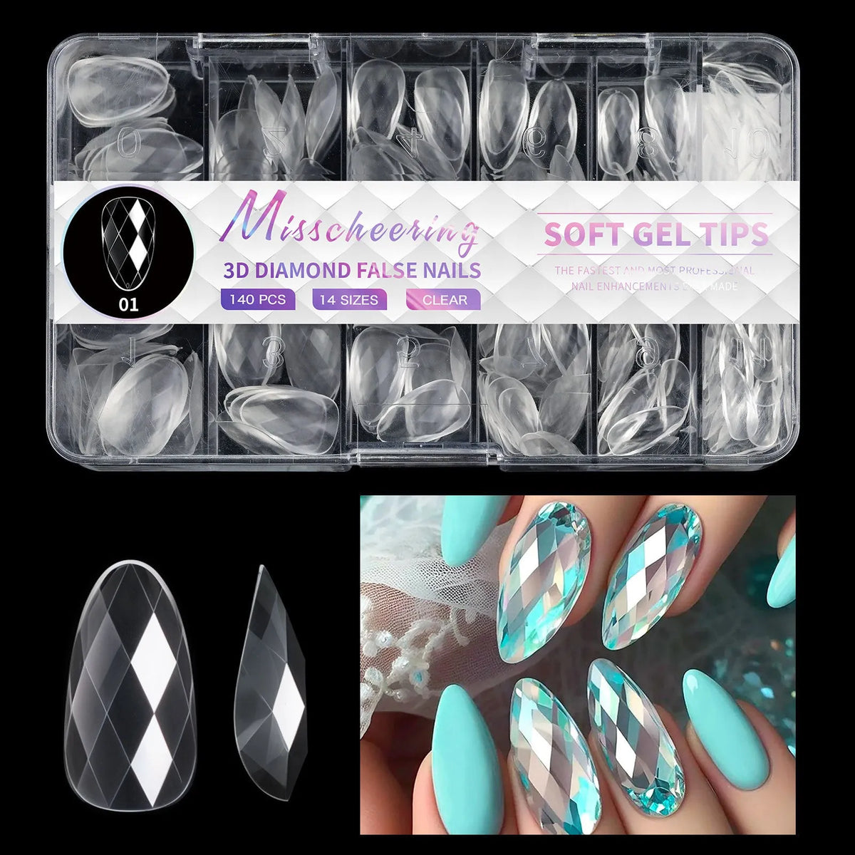3D diamond wear long shaping artificial nail tips in twelve different colour options
