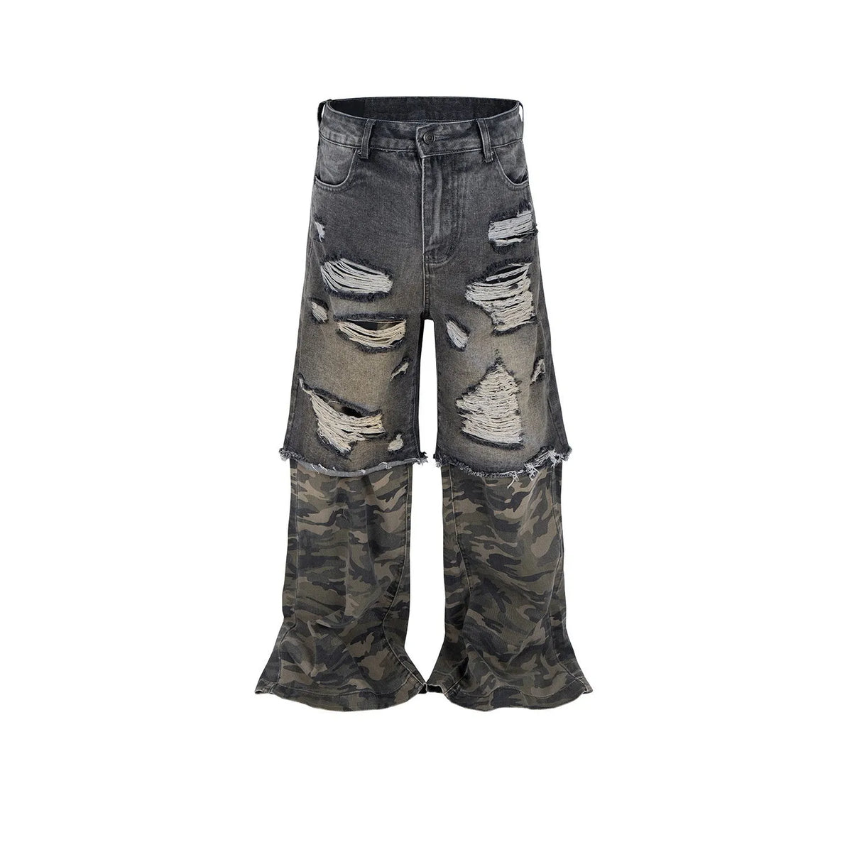 Men's black and gray camouflage stitching wide leg ripped jeans, cotton denim, mid waist.