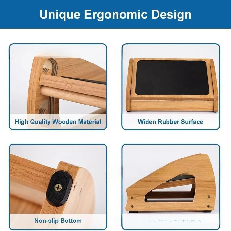 Wooden bamboo office desk footstool in natural wood colour for adult ergonomic seating support