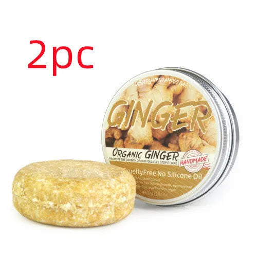One 60g ginger shampoo soap bar on a neutral background, showing solid bar with ginger specks and anti-dandruff label.