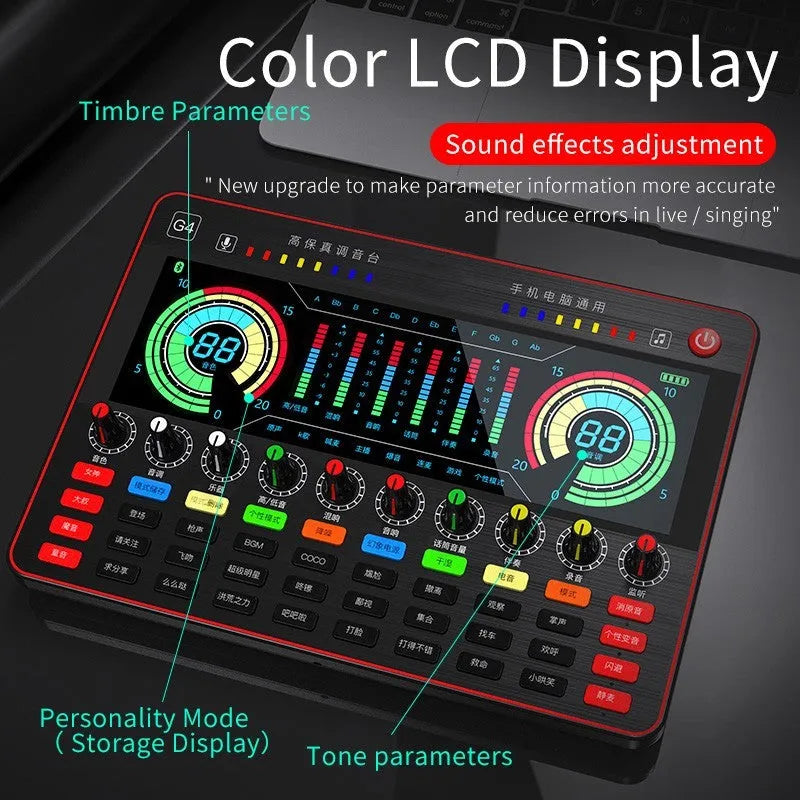 G4 professional live sound card mixer with colourful LCD screen and microphone on a desk.