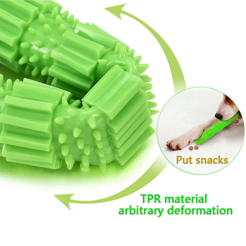 Green and orange rubber dog chew toy with treat dispensing hole and textured surface