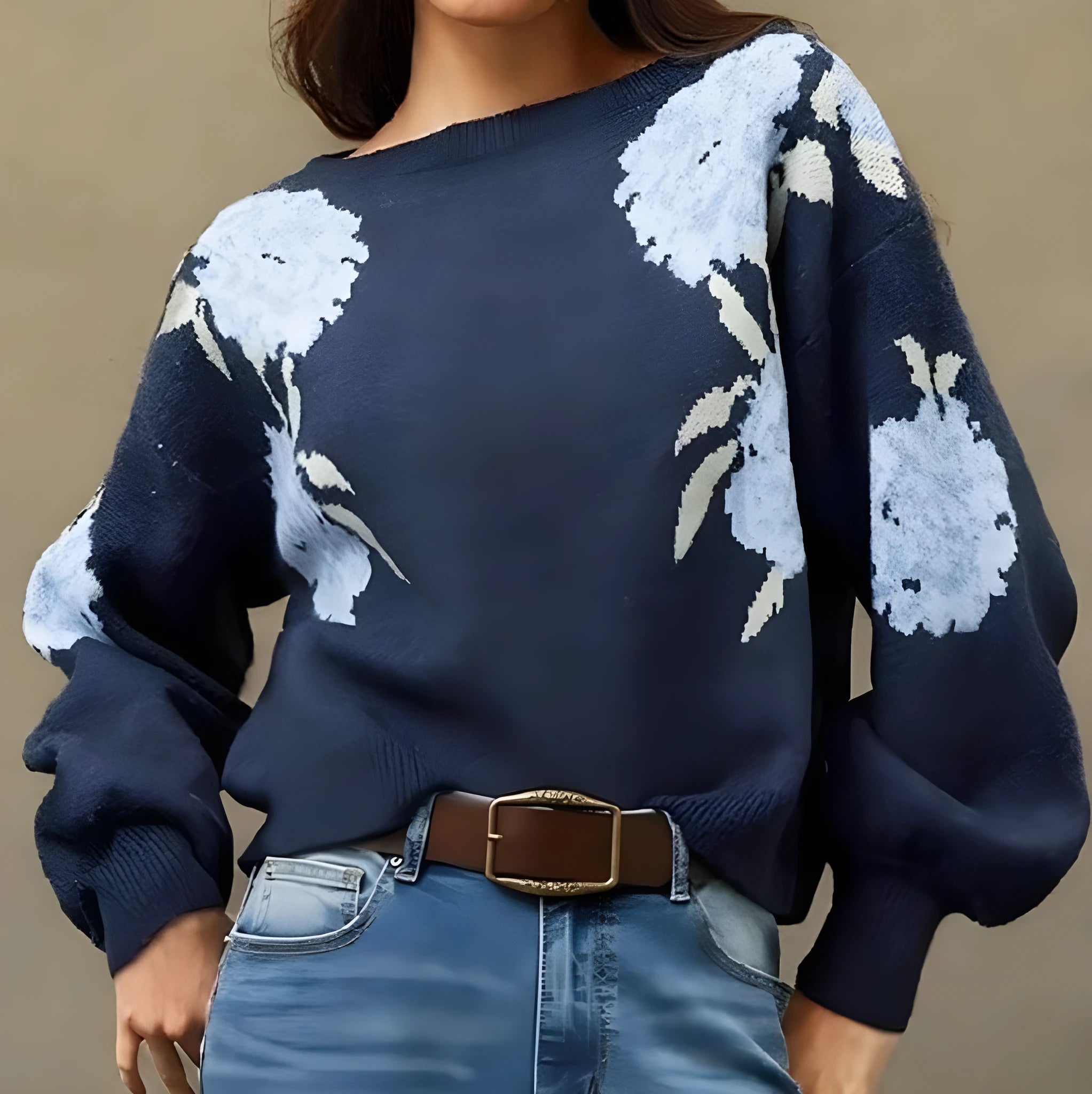 Women's sapphire blue floral jacquard pullover sweater with loose casual fit and chenille fabric