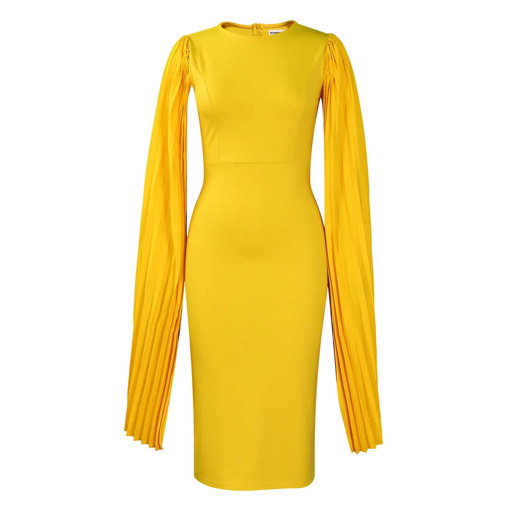 Long sleeve high waist pleated evening gown in yellow, orange, red, or green.