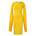 Long sleeve high waist pleated evening gown in yellow, orange, red, or green.
