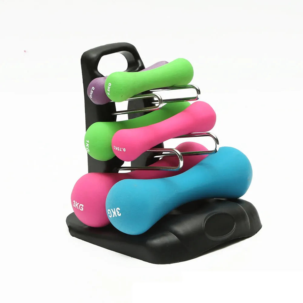 White PVC removable dumbbell rack stand holding multiple dumbbells on a gym floor.