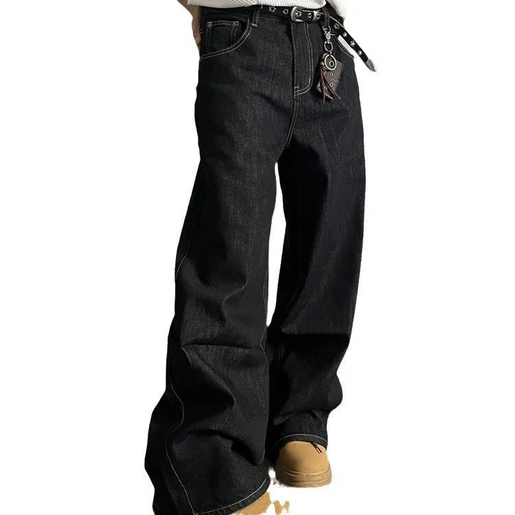 Black loose wide-leg straight-leg jeans with mid-waist and zip fly in retro style
