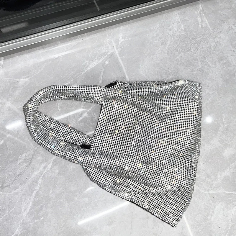 Silver-coloured cotton thread handbag with rhinestone decoration and open-pocket design