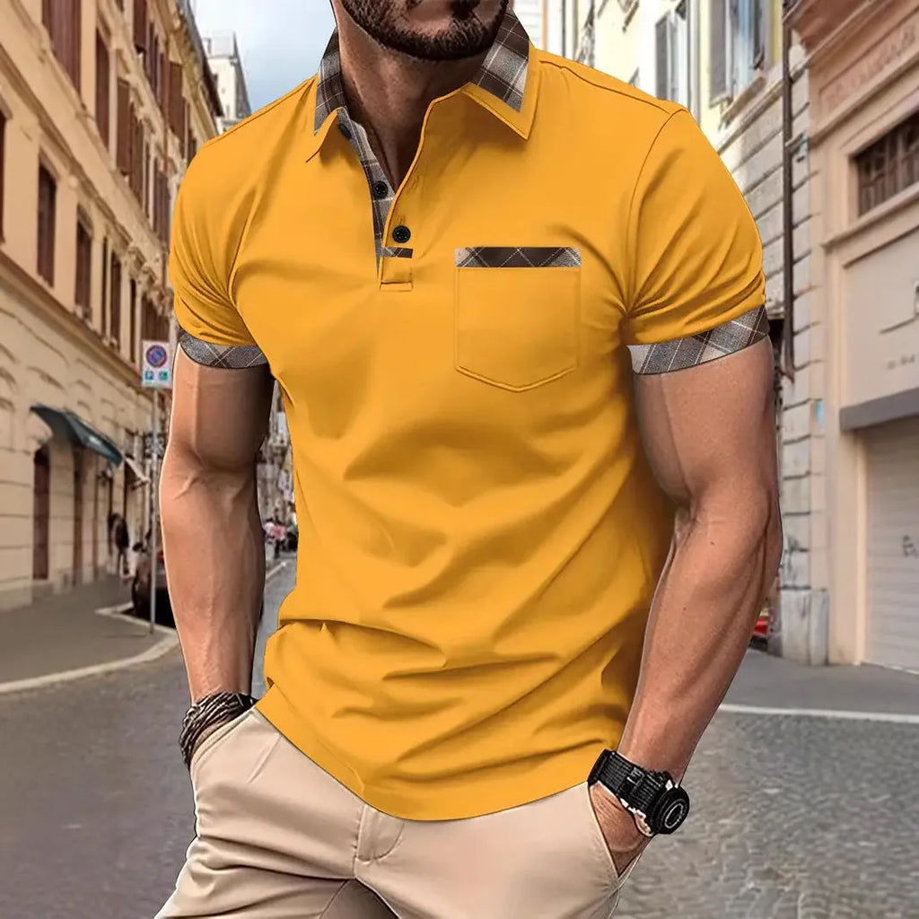 Men's loose fit short sleeve t-shirt in a plaid colourblock pattern with a zip detail.
