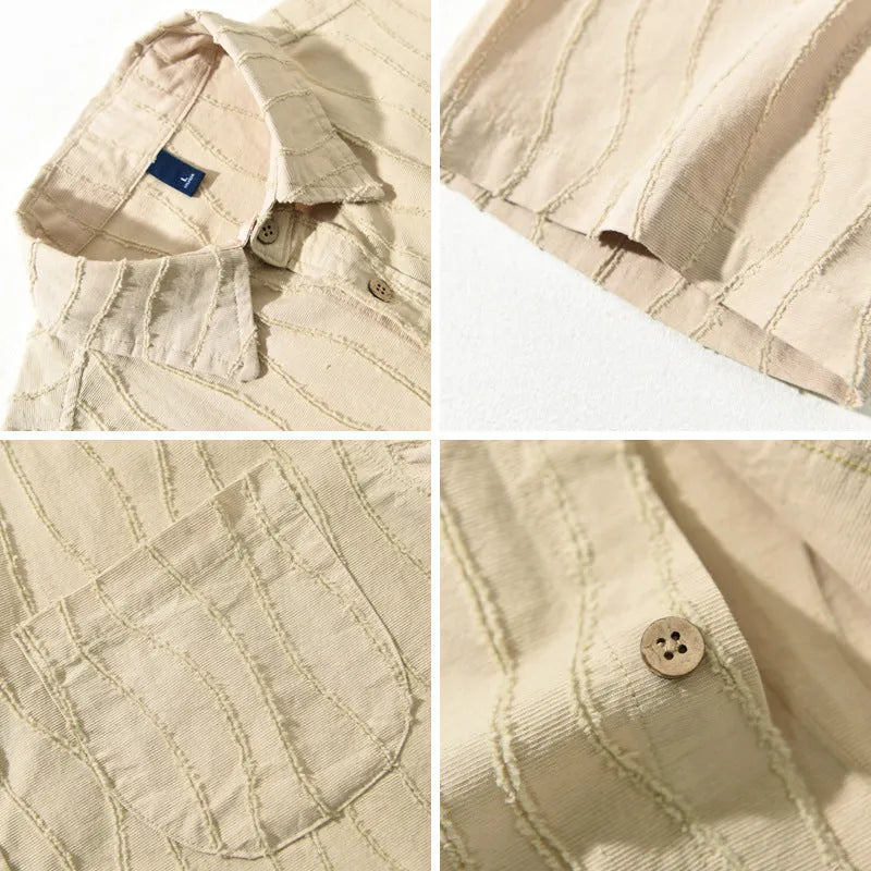 Man wearing a loose-fit pure cotton summer shirt in apricot colour against a light background.