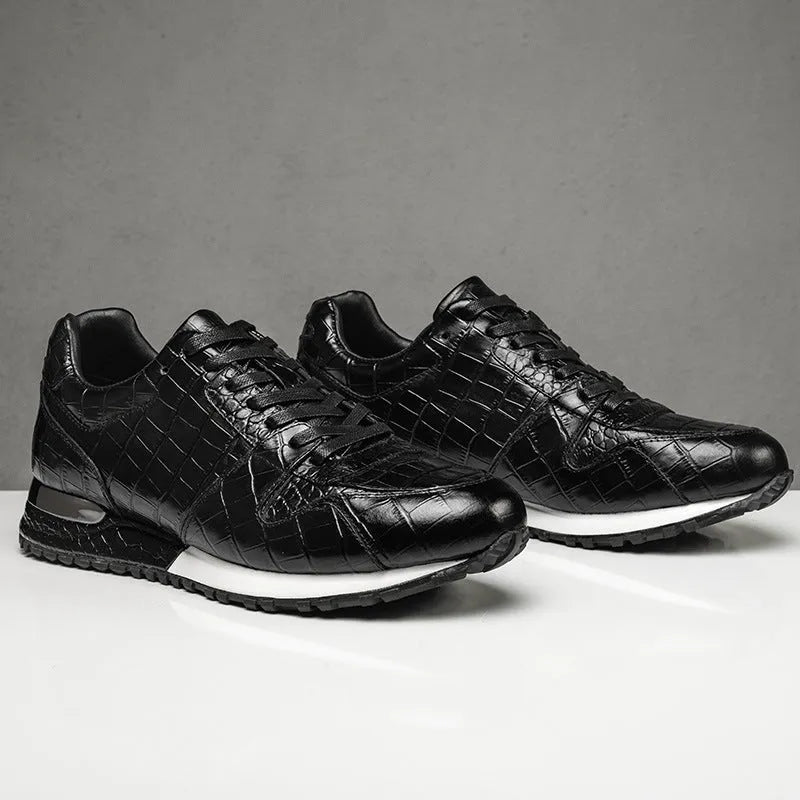 Crocodile pattern elevated leather shoes for men, wedge heel, sheepskin lining, black colour