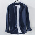 Men's loose fit long sleeve casual shirt in a cotton linen fabric, shown in a solid colour.