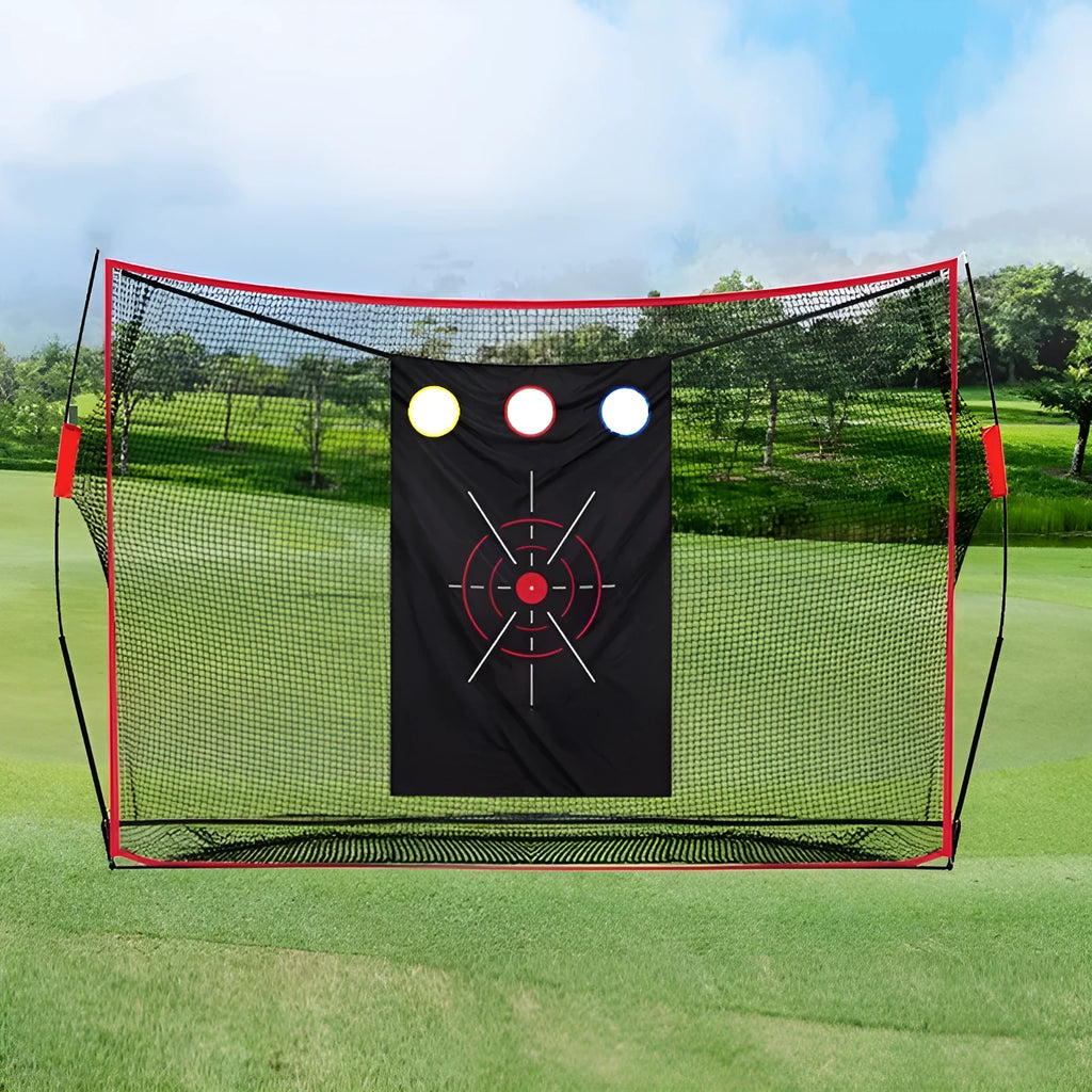Golf wedge training kit showing three-hole cross net, straw mat, practice balls, tees, and accessories
