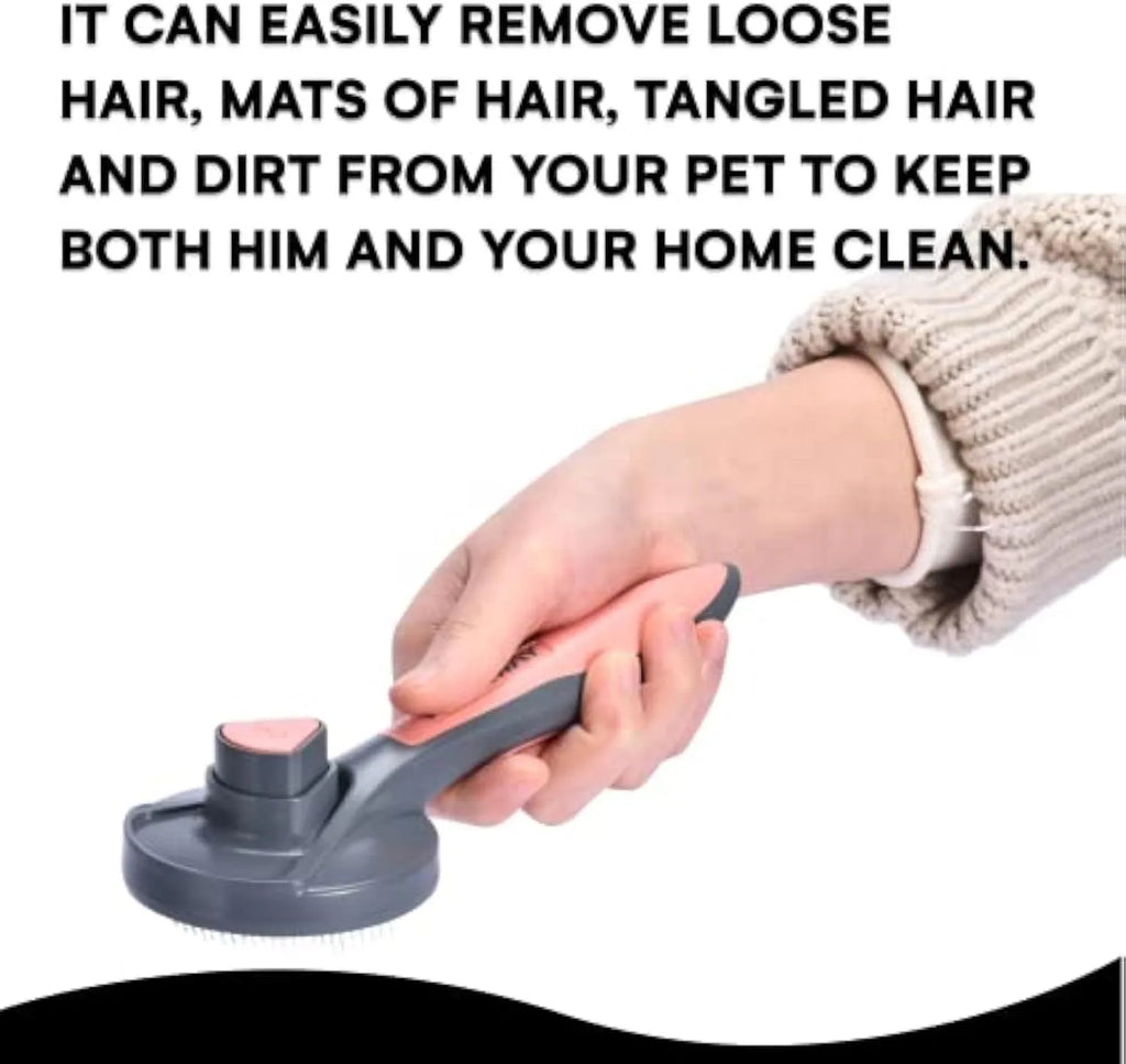 Grey self-cleaning slicker brush for cats and dogs with massaging bristle tips on a non-slip handle.