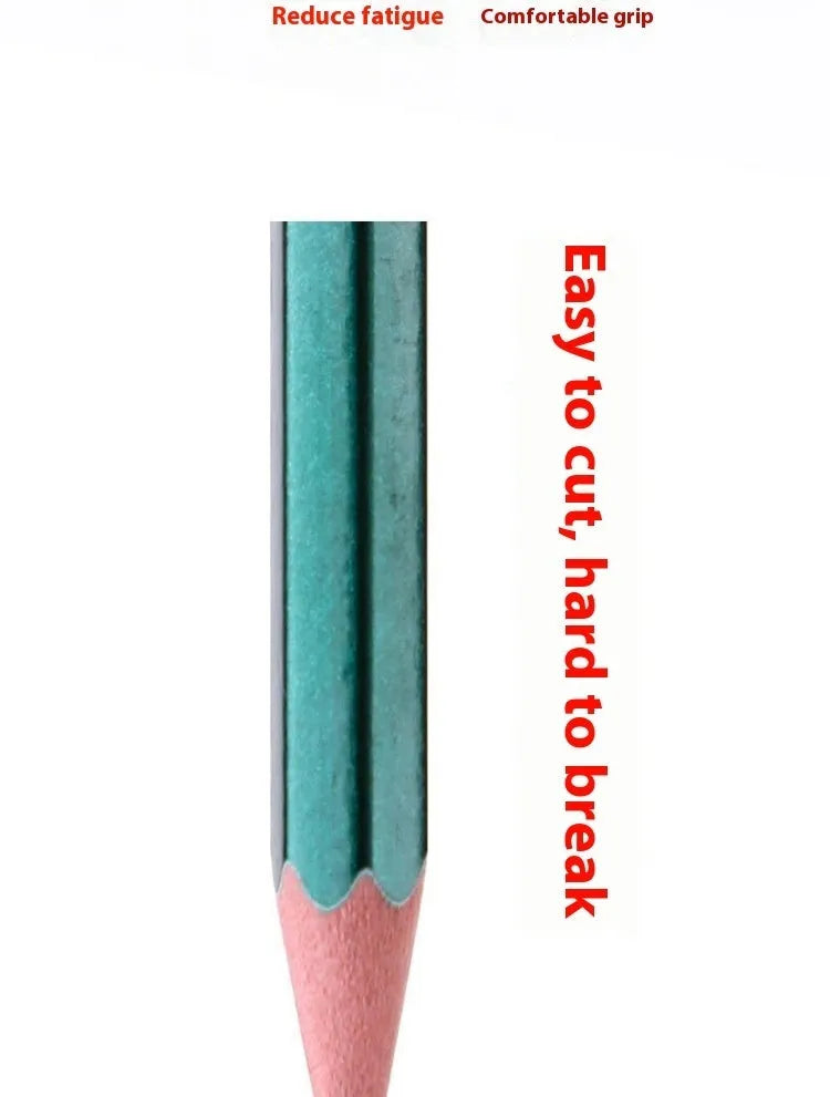 Green box of ten wooden pencils with six-angle shape, showing HB and 2B graphite grades.