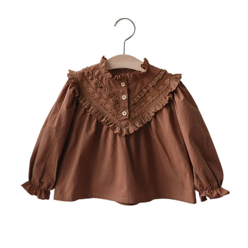 Girls' lace collar puff sleeve cotton shirt in solid beige colour for autumn