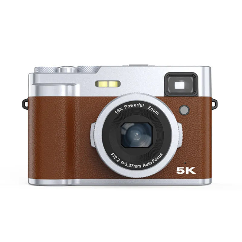 Black or brown 5K HD digital camera with dual lenses and an optical viewfinder on a 2.88-inch screen.