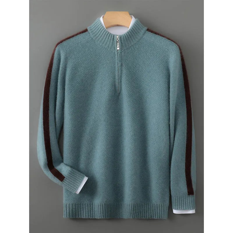 Sheep wool half-zip round neck knitted sweater in slim fit plus size design