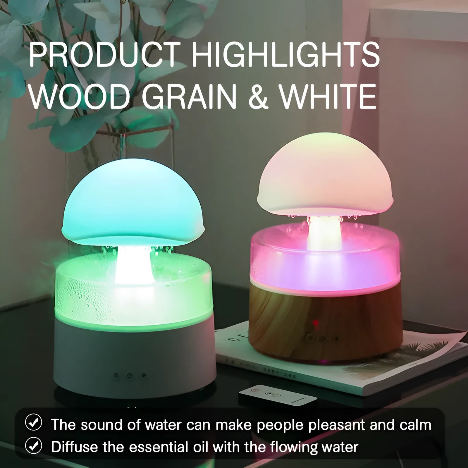 White Cloud Rain Humidifier aromatherapy machine with falling mist raindrops and coloured LED lights.