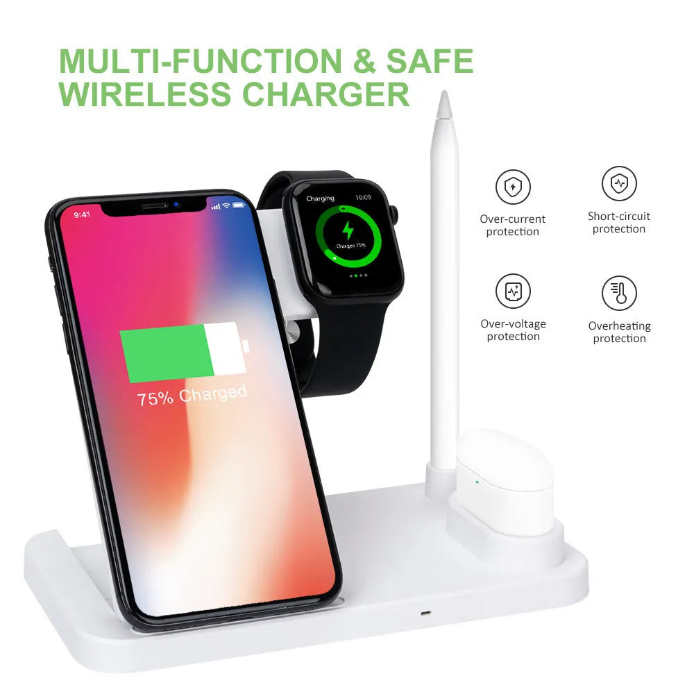Folding 4-in-1 wireless charger showing MagSafe spot, Apple Pencil slot, and charging pad in Space Grey colour.
