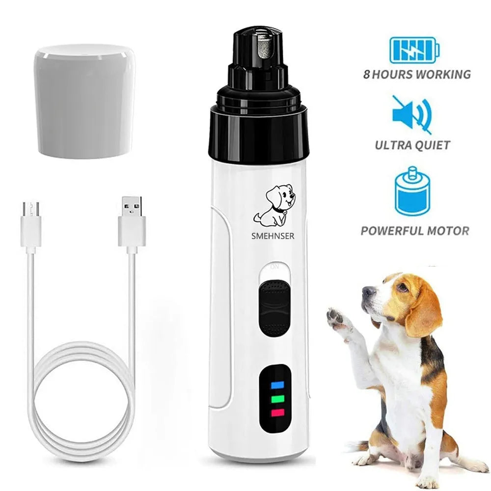 3-speed LED electric dog nail trimmer grinder with dust collection compartment and display.