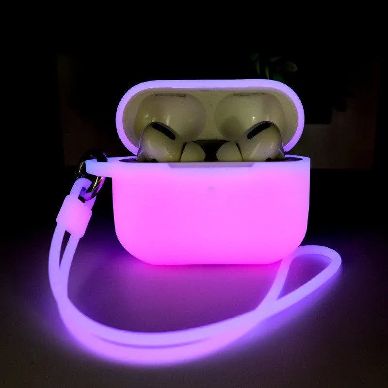 Luminous silicone AirPods case with integrated carrying strap in blue colour