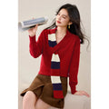 Niche women's striped V-neck fake two-piece pullover sweater in green and red colours, loose fit knit top