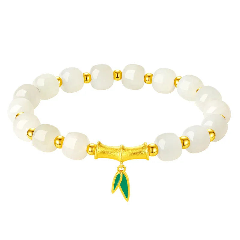 S925 sterling silver bracelet with natural Hetian jade bamboo leaf beads, 6mm size.