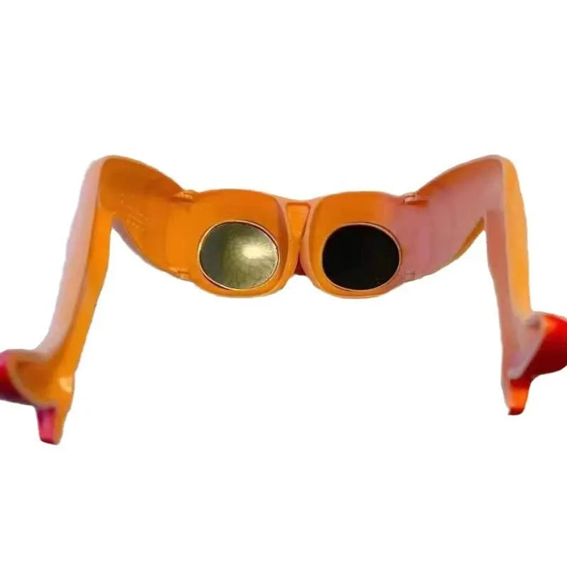 Orange novelty sunglasses with a unique leg hip personality silhouette on a solid background.