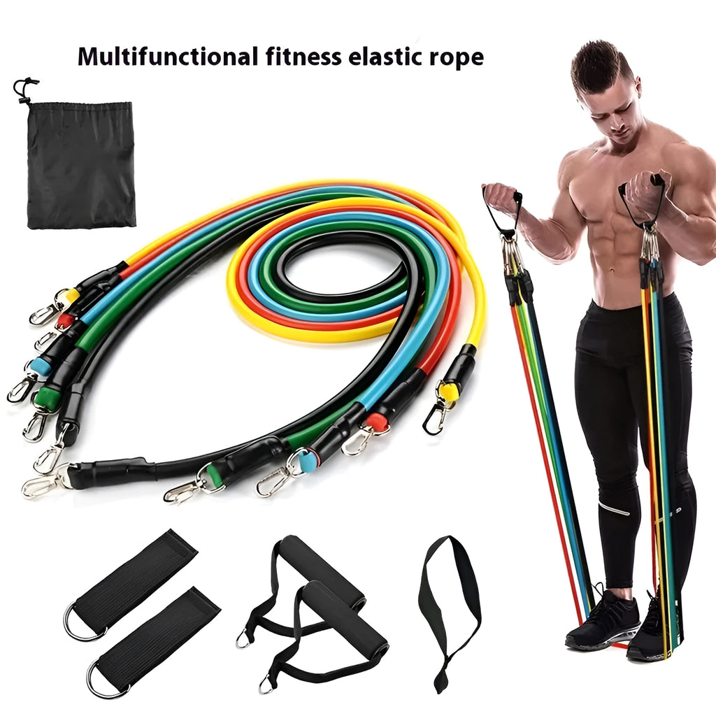 Door-mounted fitness pulling rope with ABS hook, part of an 11-piece sports set in packaging.