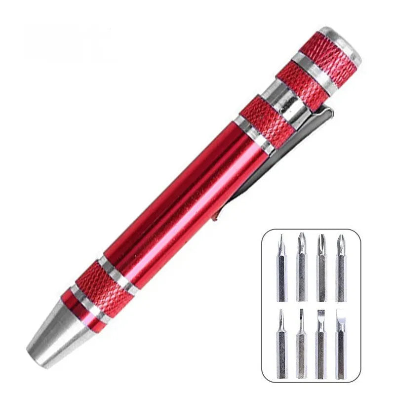 8-in-1 aluminium alloy pen-type screwdriver set with multiple coloured handles and chrome vanadium steel bits