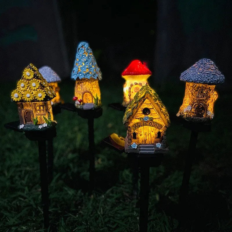 Solar-powered resin house outdoor LED garden light with flower shape design