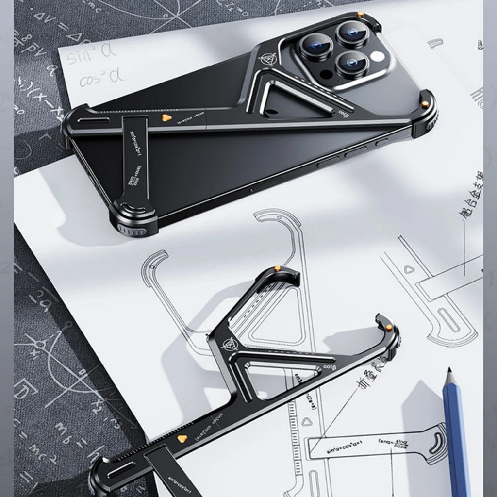 Geometric alloy phone case with metal border and bracket for iPhone 15 Pro Max in Black