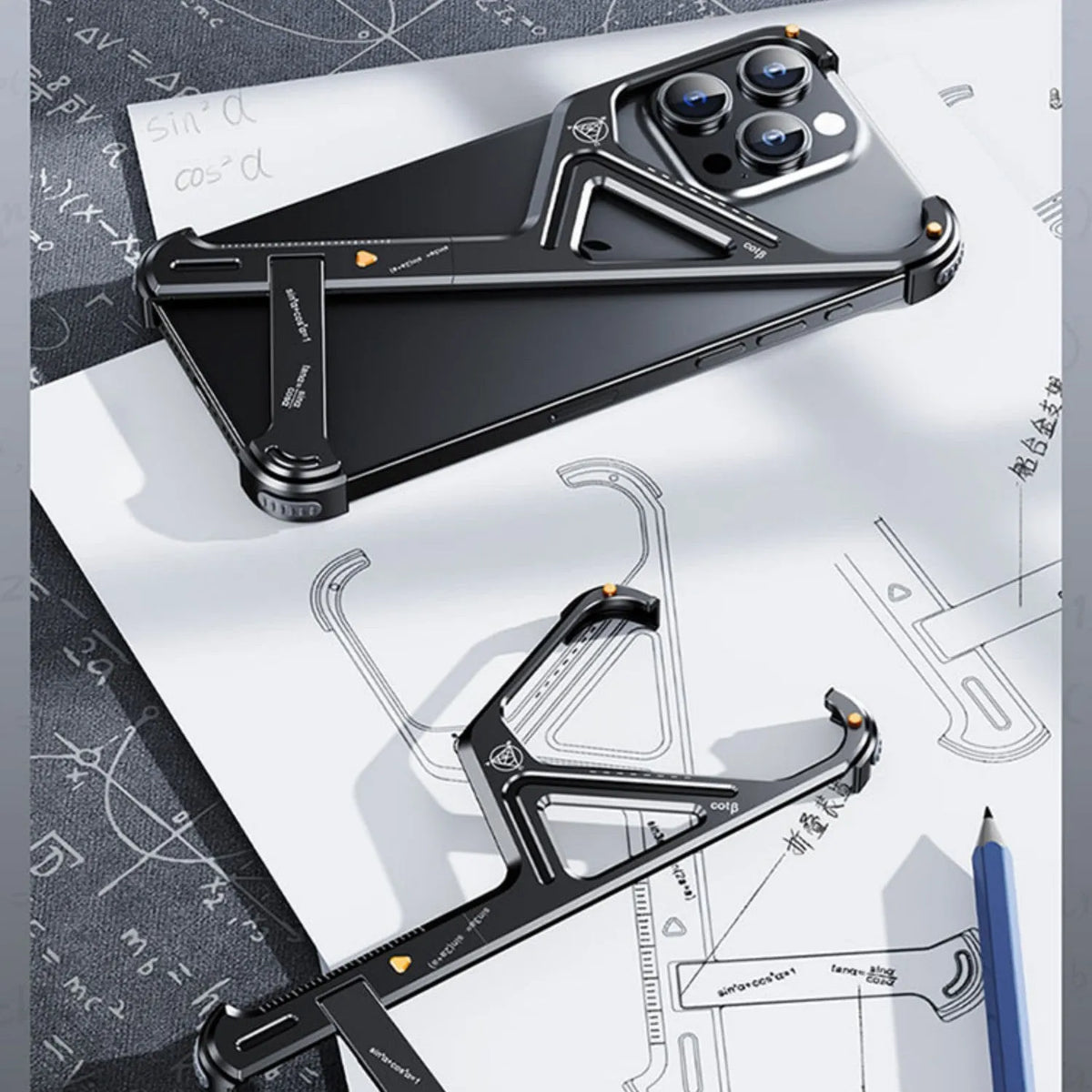 Geometric alloy phone case with metal border and bracket for iPhone 15 Pro Max in Black