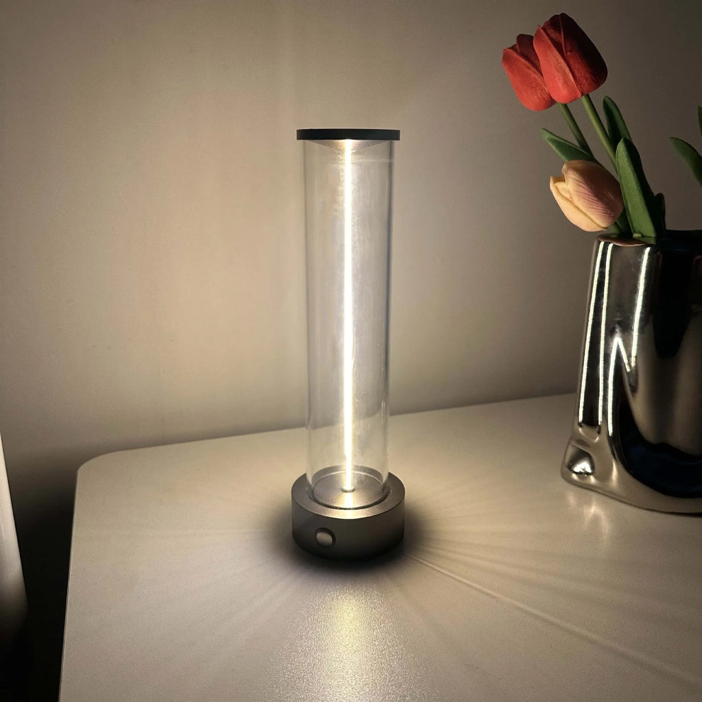 Slender vertical glass LED night light strip with magnetic back for USB charging