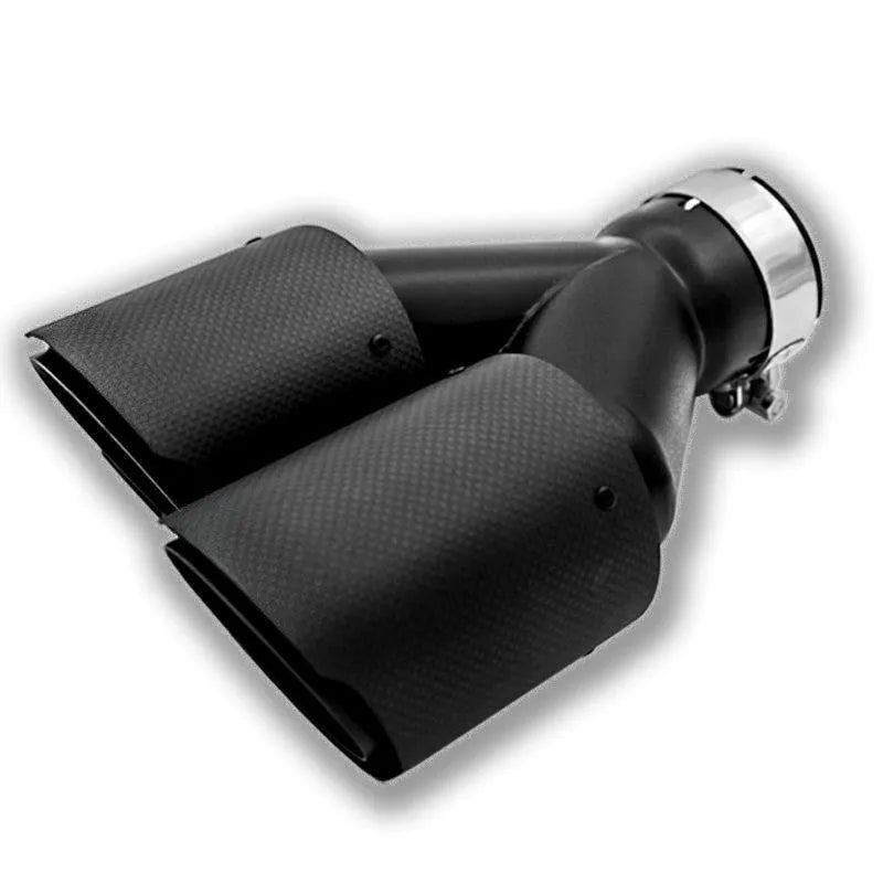 Black carbon fibre car exhaust pipe with dual outlet silencer, 250 mm long