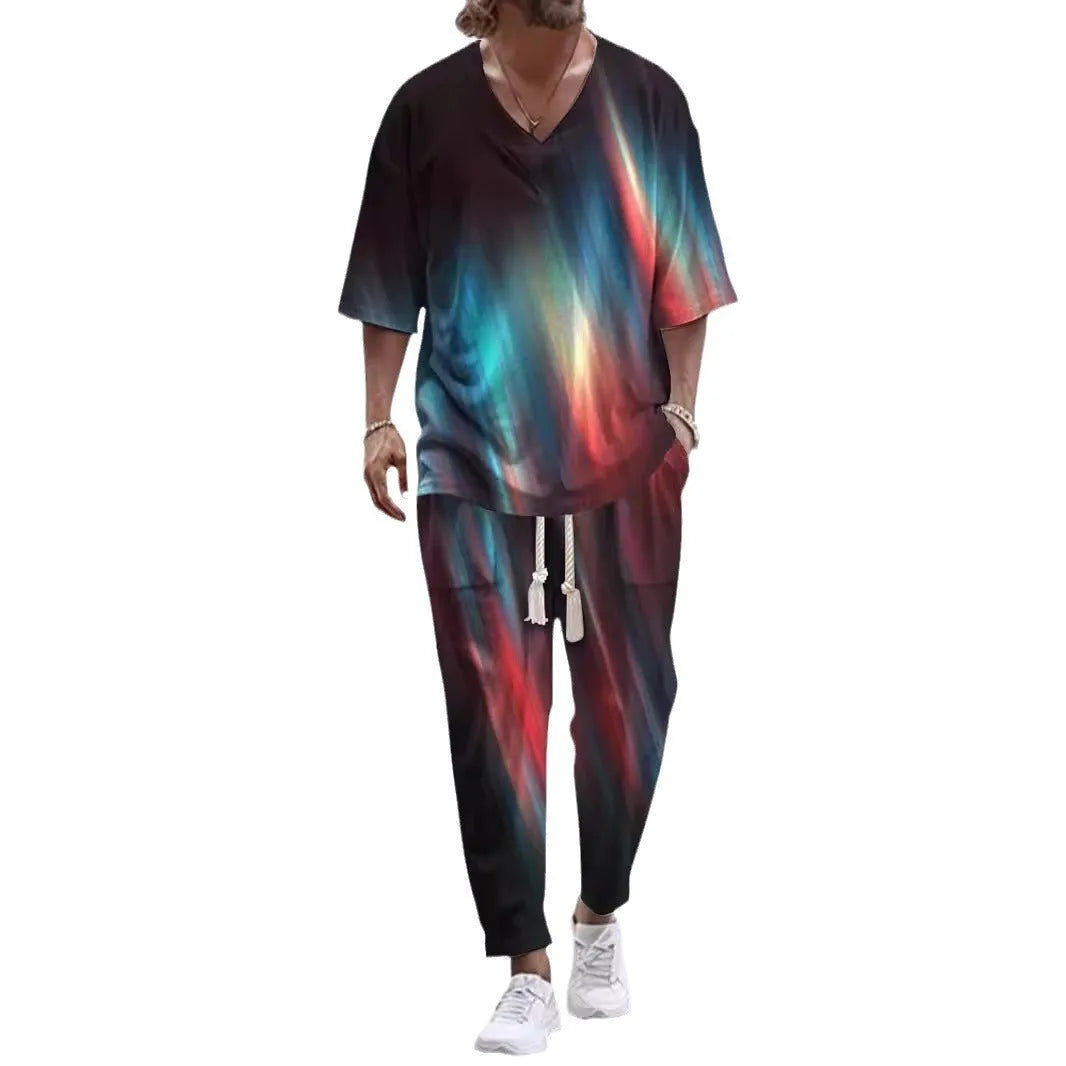 Casual trousers suit with V-neck cropped sleeve jacket and matching trousers in thin polyester.