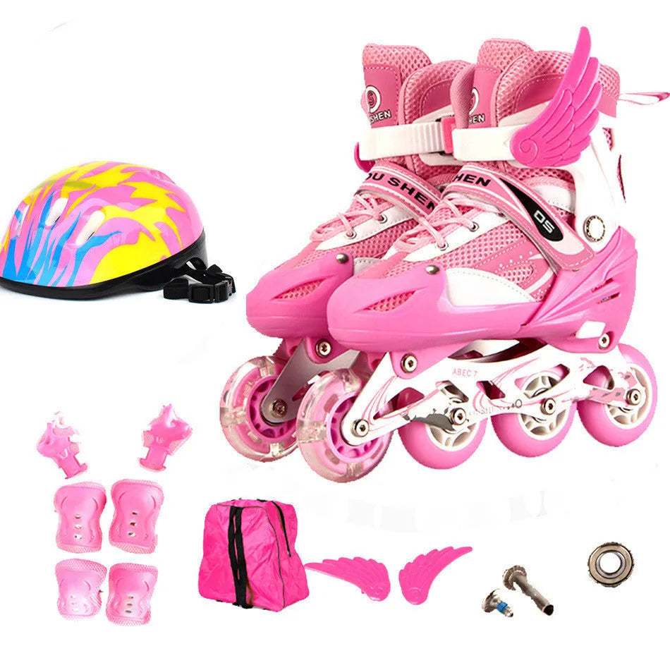 Children's adjustable skating shoes with aluminium frame, PU foam wheels, and complete protective gear set