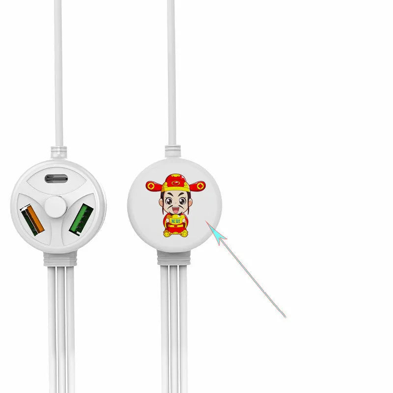 PDPVC mobile phone charging cable with 3U interface showing USB, Micro USB, Mini USB and Type-C connectors.