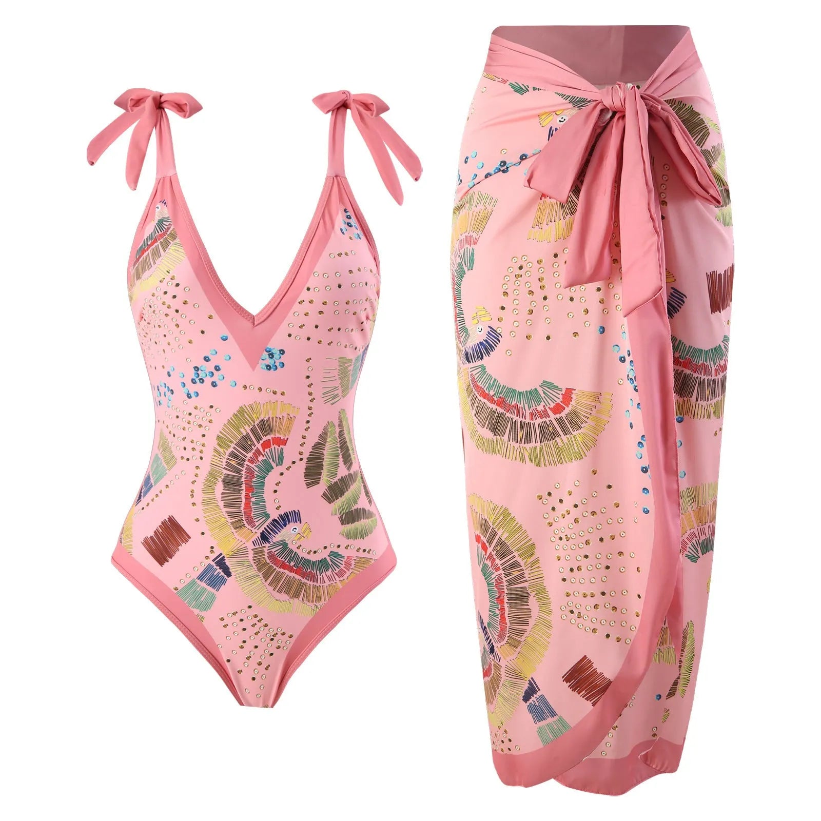 Blue French retro one-piece swimsuit with detachable gauze skirt showing backless design