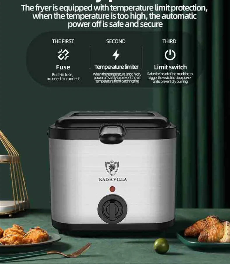 Silver 2.5L electric deep fryer with detachable basket on a kitchen countertop.