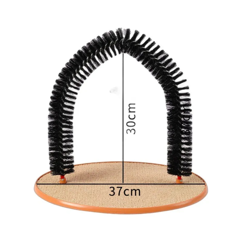 Black arch-shaped cat scratching post with anti-itch brush, non-slip base, and attached mouse toy