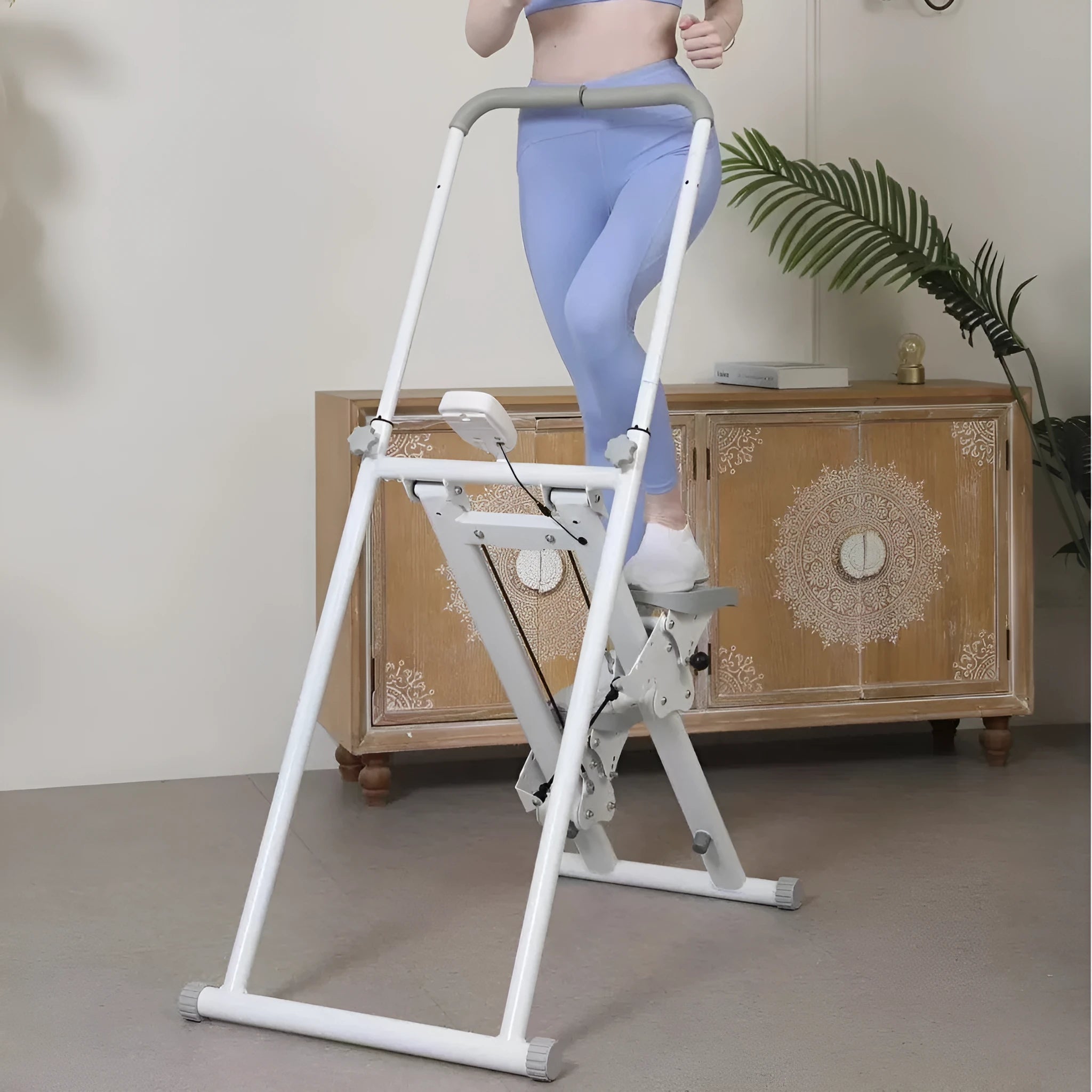 Foldable white home treadmill and climbing machine set with starlight white finish