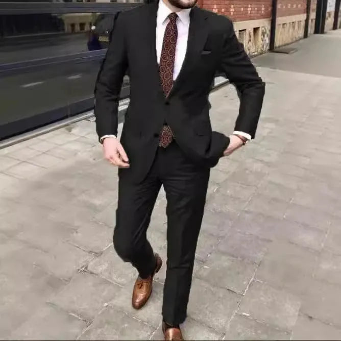 Men's slim fit two-button business suit in acetate fabric, shown in multiple colours with size chart.