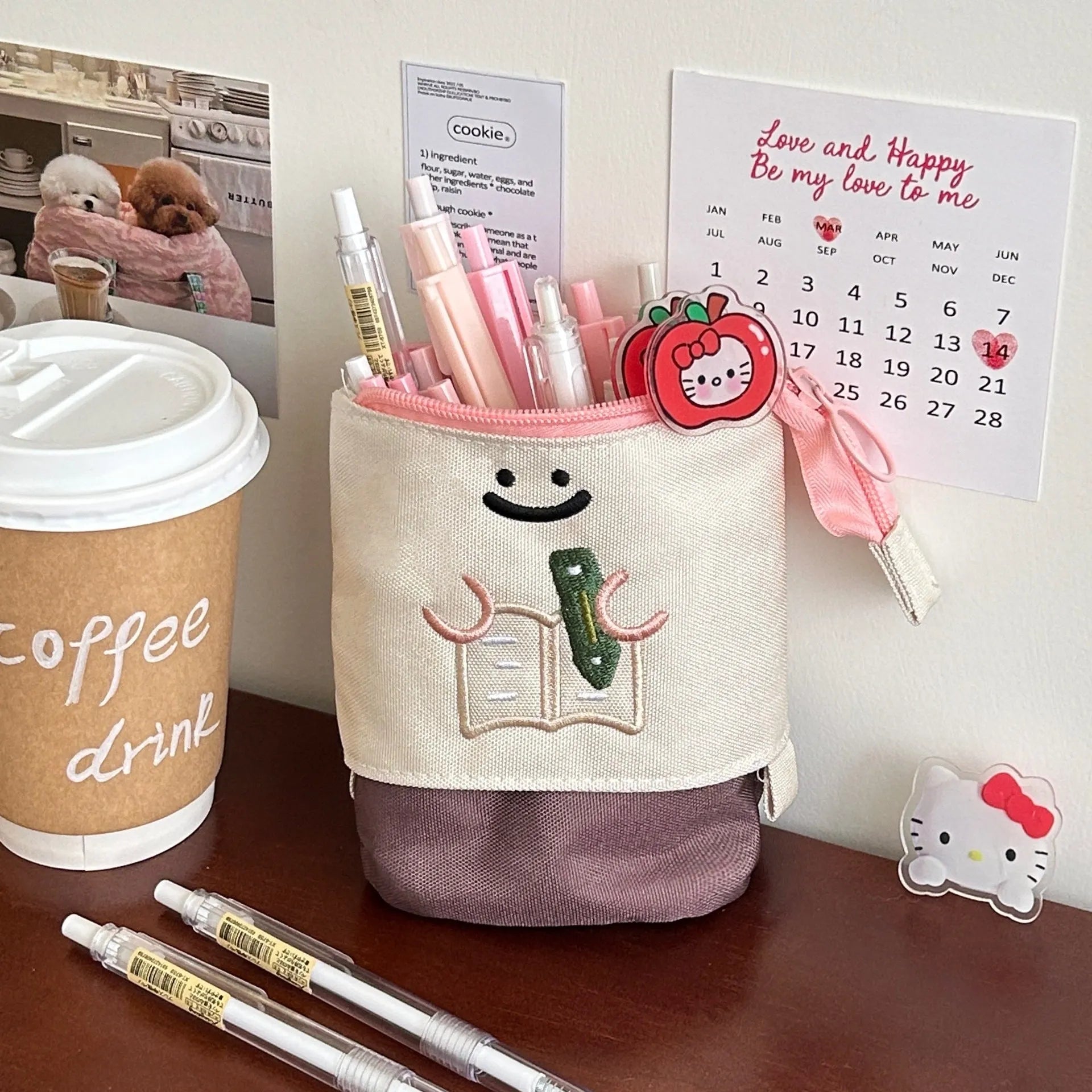 Korean style cartoon collapsible pencil case in Oxford fabric, brown colour