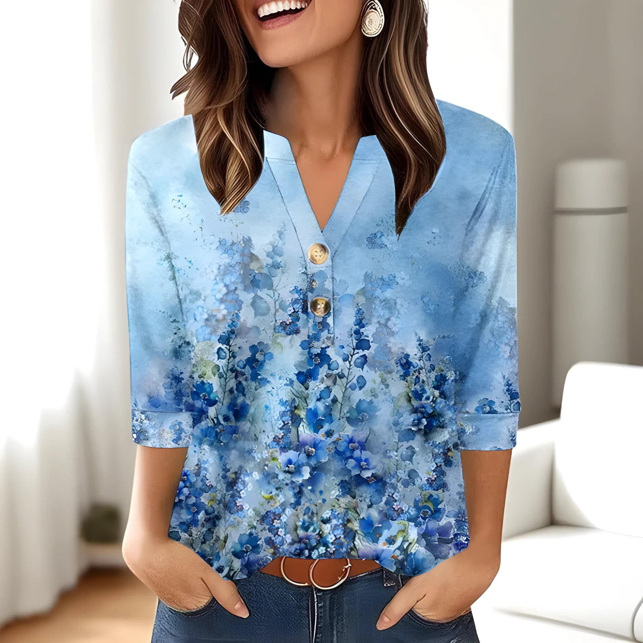 Women's loose fit casual top with a 3D printed pattern and a V-neck.